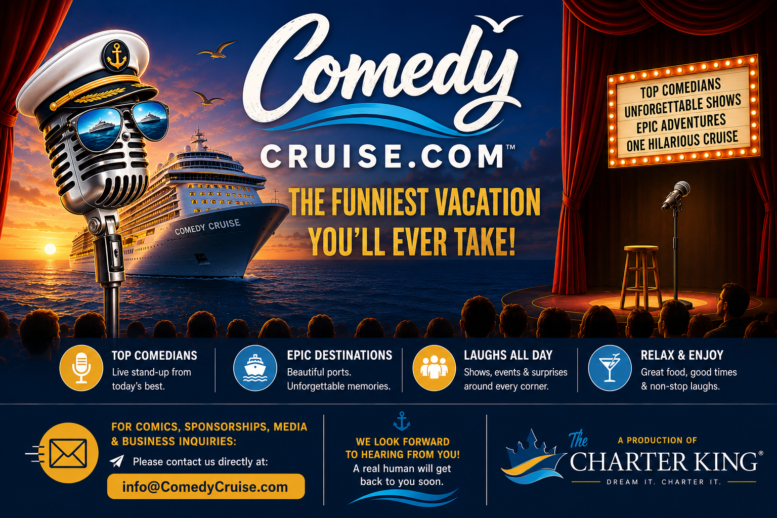 ComedyCruise.com — The Funniest Vacation You'll Ever Take! Top comedians, unforgettable shows, epic adventures and one hilarious cruise.